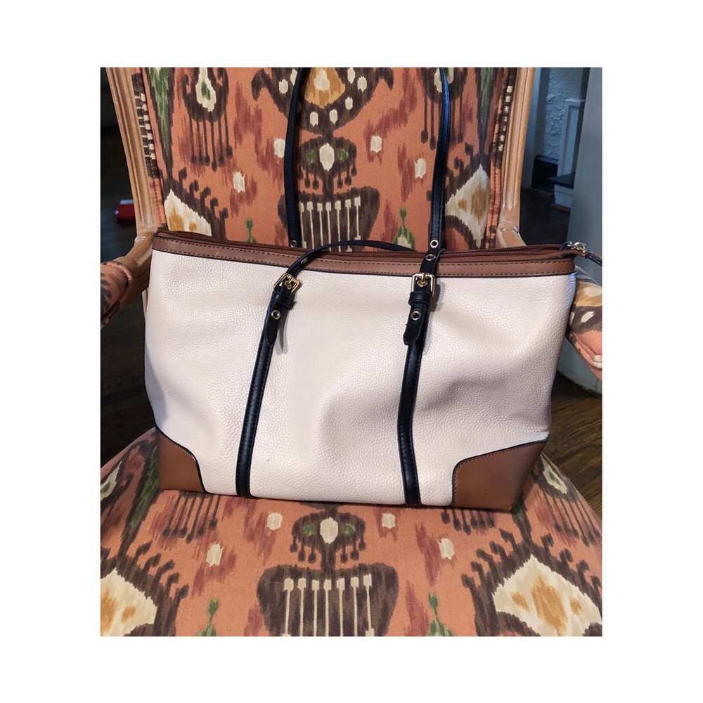 Cream, black and brown tote